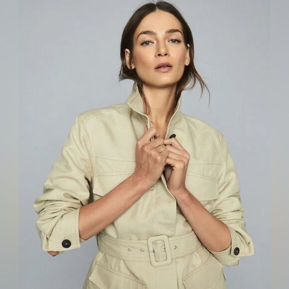 REISS Eden Khaki Green Cotton-Blend Utility Jacket Size 2 - Picture 3 of 13